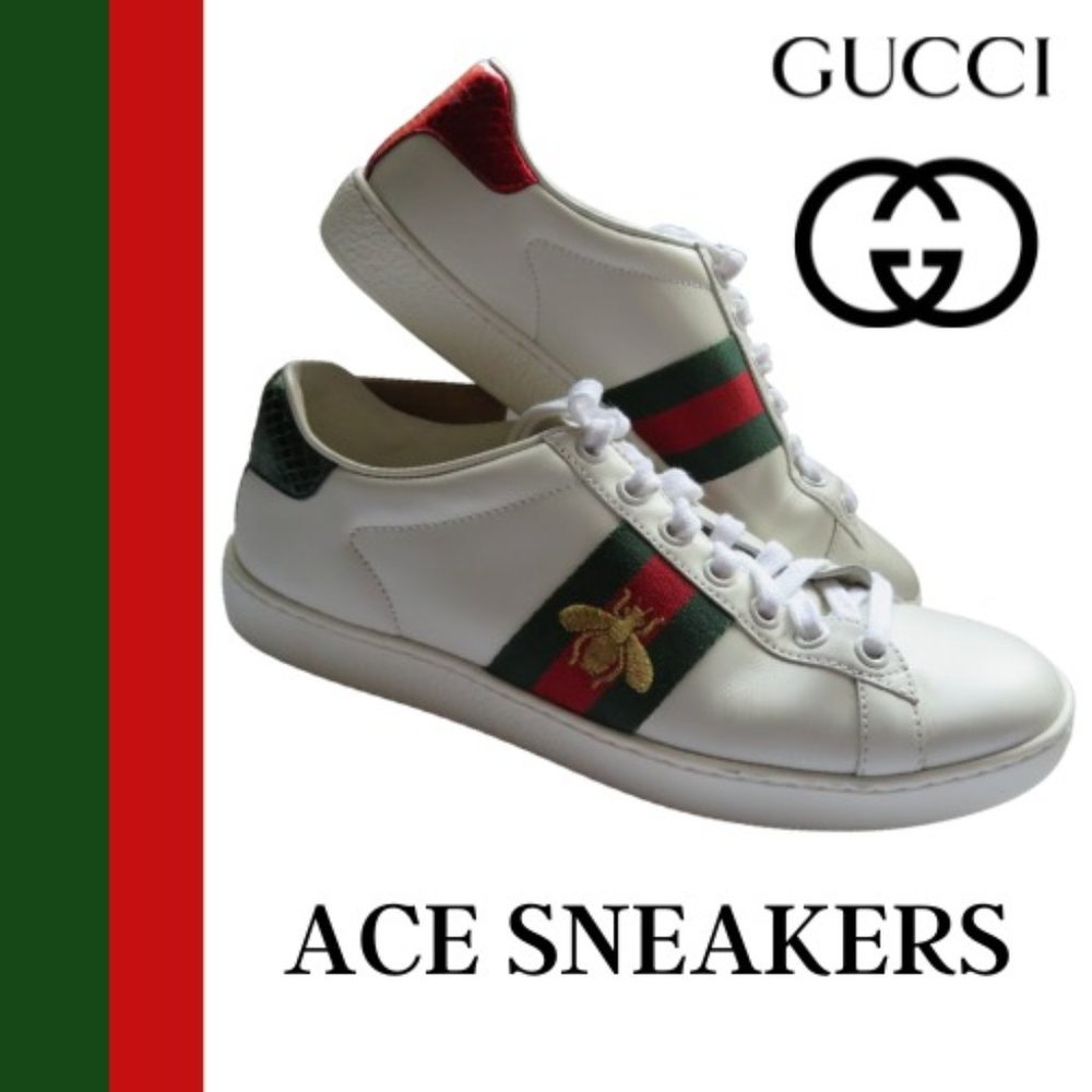 GUCCI ACE LOW TOP EMBROIDERED BEE ~ LOGO EMBOSSED LEATHER SNEAKERS US 6